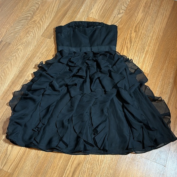 White House Black Market, strapless solid black ruffle midi dress. Size 0. - Picture 6 of 17